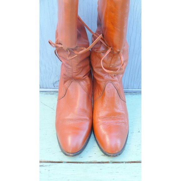 70s rust orange cuffed leather slouchy vintage boot - Picture 2 of 4